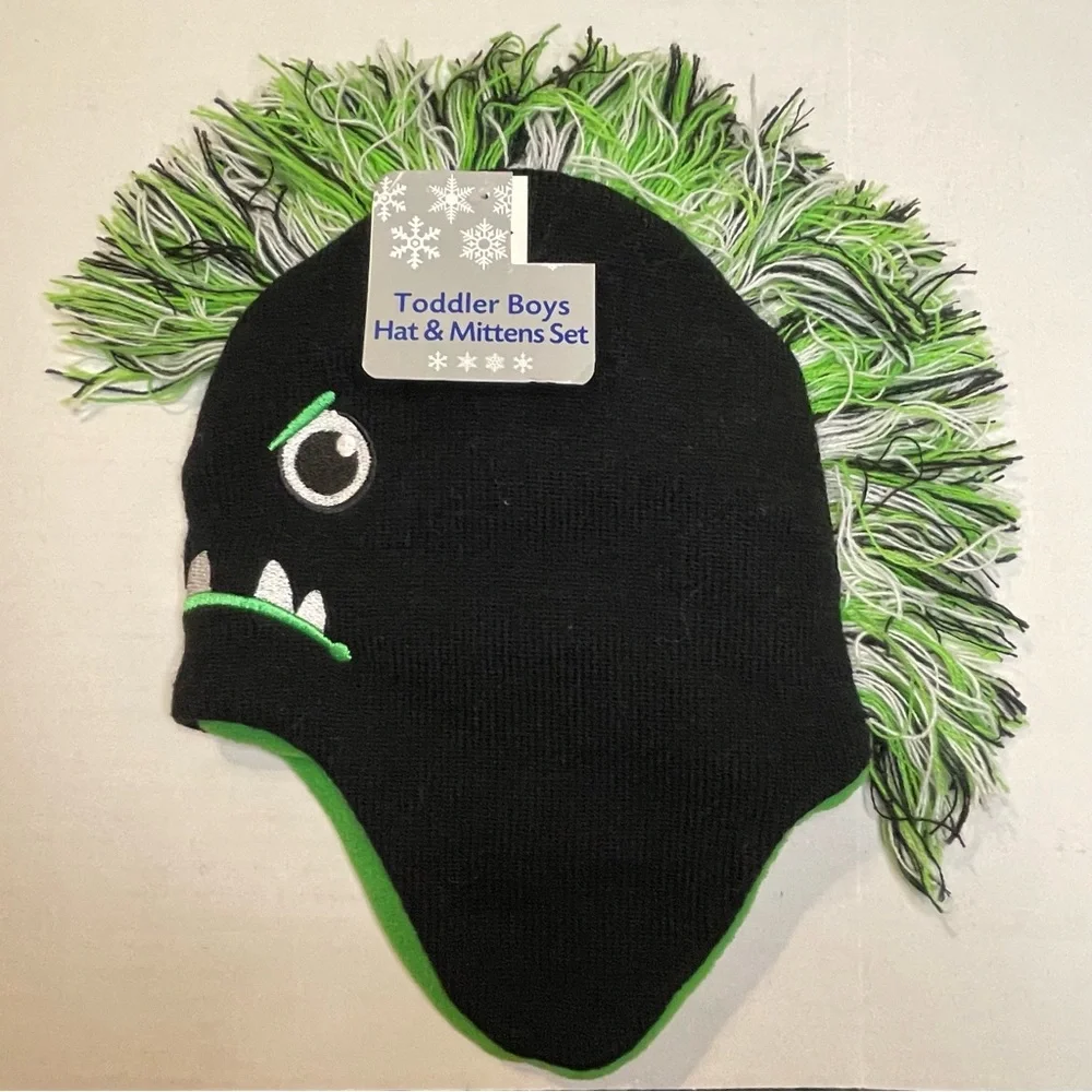 Monster Winter Hat Mittens Beanie Black Toddler One Size Face Eyes Teeth Mohawk